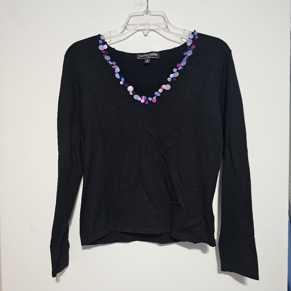 Kasper & Company ASL  Black Embellished Knit Sweater Sequin Discs Petite Medium